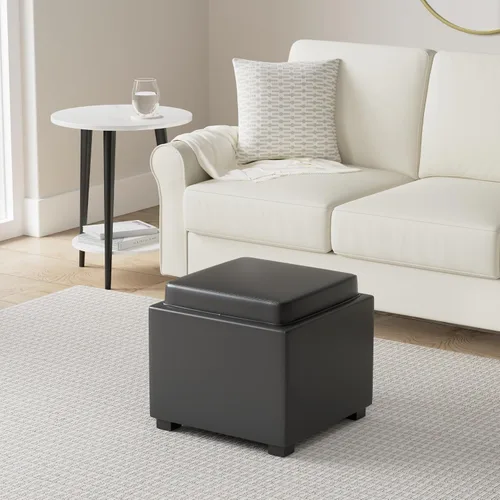 Miniatura 2 de CHITA Cubo otomano de almacenamiento con tapa de bandeja, reposapiés pequeño con almacenamiento, mesa auxiliar cuadrada para sala de estar y Negro