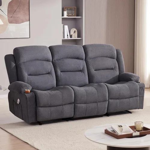 Miniatura 3 de Sofá reclinable extragrande con calor y masaje, sofá reclinable RV grande de 3 plazas para sala de estar, sofá reclinable de pared con portavasos