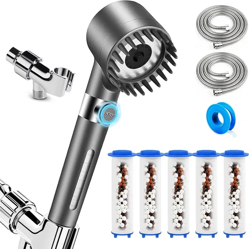 Ion Drops Cabezal de Ducha Filtrado con Portátil, Flujo de Agua de Alta Presión y 3 Modos de Rociado, 5 Filtros Reemplazables, 2 Mangueras de Lavado