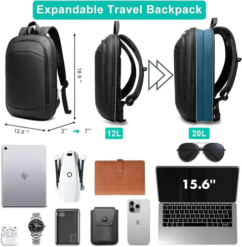 Miniatura 2 de hk Mochila de negocios para hombres de 15.6 pulgadas, delgada y expandible, impermeable, mochila de viaje para laptop, bolsa de trabajo ligera