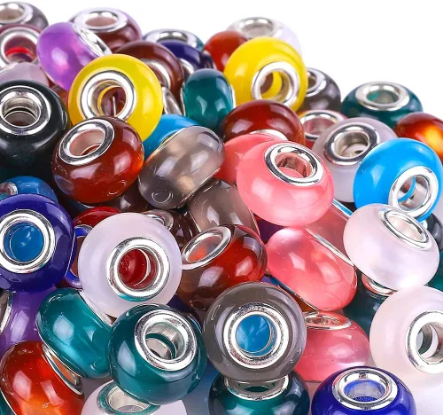 Miniatura 7 de 100 Piezas Cuentas Espaciadoras Europeas de Agujero Grande de 0.551 pulgadas, Mezcla de Colores con Núcleos de Latón Plateado Surtidos Cuentas