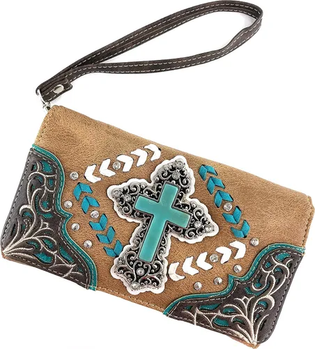 Miniatura 2 de Justin West Rhinestone Cruz Bordado Floral Corte Láser Pulsera Trifold Billetera Correa Larga