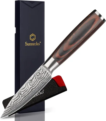 Sunnecko Cuchillo de Cocina Pequeño de 3.5 Pulgadas, Cuchillo Mondador de Acero Inoxidable de Alto Carbono, Cuchillo de Fruta con Mango de Madera,