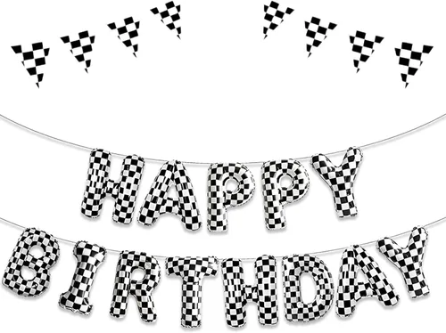 Decoraciones de fiesta de cumpleaños de coche de carreras, pancarta de globos de feliz cumpleaños a cuadros en blanco y negro