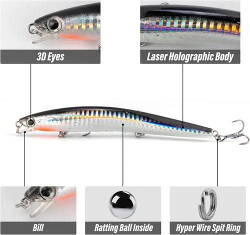 Miniatura 3 de Dr.Fish Señuelos de pesca surtidos, de 5 pulgadas. Señuelos con diseño de peces pequeños, con anzuelo, para peces de agua dulce o salada. Señuelos