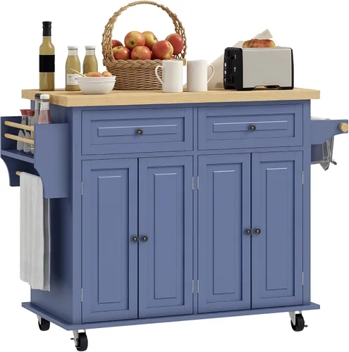 Miniatura 11 de HOMCOM Carrito de Isla de Cocina con Superficie de Madera de Caucho, Mesa de Isla de Cocina Rodante sobre Ruedas con Cajones, Estantes Ajustables