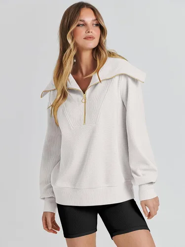Miniatura 6 de ANRABESS Sudadera de manga larga con cremallera de un cuarto para mujer, sudadera de manga larga con media cremallera, moda 2024