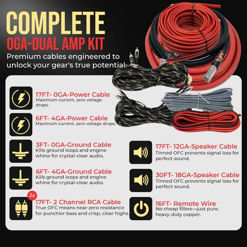 Miniatura 2 de Elite Audio Kit de cableado de amplificador dual calibre 0, kit de instalación de amplificador OFC de 5000 W para 2 amplificadores - EA-PROK0-DUAL