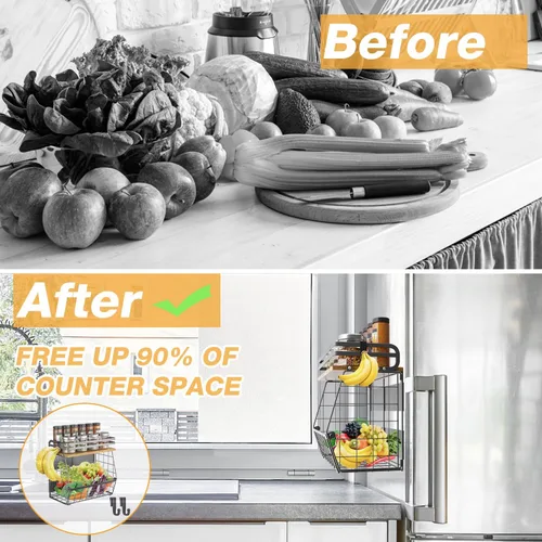 Miniatura 6 de Estante magnético para refrigerador con tapa de madera, organizador de cesta de alambre de gran capacidad para especias, frutas, cebollas y papas