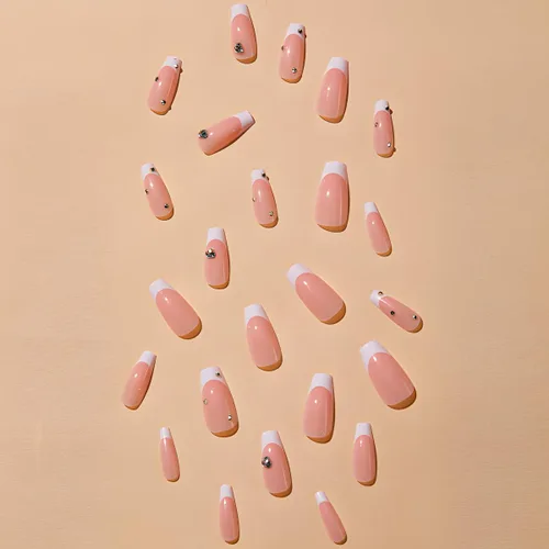 Miniatura 2 de Uñas postizas a presión con puntas francesas, uñas postizas de color rosa medio con diamantes de imitación brillantes, uñas postizas acrílicas