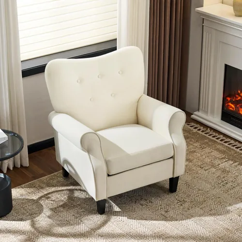 Miniatura 9 de YOLENY - Silla decorativa moderna, con respaldo alto, sillón individual tapizado con botones de tela y patas de madera para sala de estar, Beige