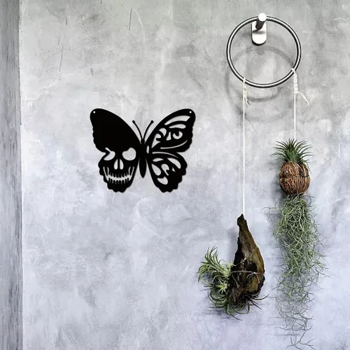 Miniatura 6 de CREATCABIN Decoración de pared de metal con diseño de calavera y mariposa, para colgar en la pared, letrero de escultura de hierro para interiores