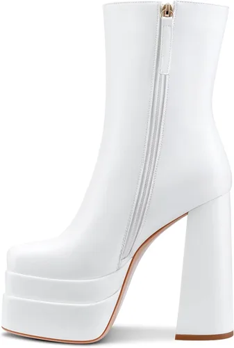 Miniatura 3 de Aachcol Botas de plataforma para mujer, puntera cuadrada, tacón alto, grueso, cremallera lateral, media pantorrilla, botines