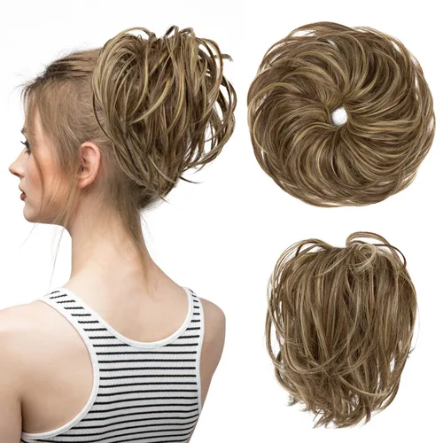 Miniatura 9 de CJL HAIR - Extensión de cabello tipo coletero de chongo desordenado, rizado, sintético, con colas rectas, scrunchies para peinados de moño
