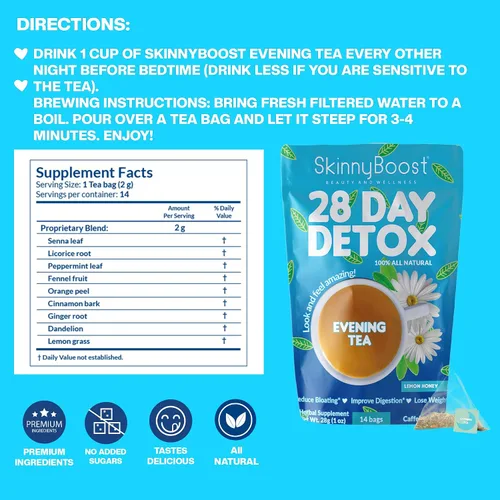 Miniatura 2 de SkinnyBoost - Kit de té desintoxicante de 2 paquetes – 1 de día HIBISCO (28 bolsas) + 1 de noche MANZANA CANELA (14 bolsas) – Desintoxicación herbal