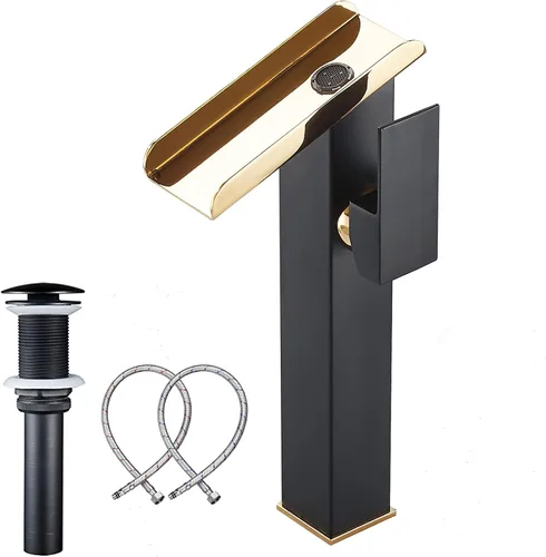 Miniatura 20 de Grifo de Recipiente Negro para Baño Cascada Boquilla Abierta LED Cambio de Color por Temperatura Grifo de Lavabo para Fregadero de Tazón Mango