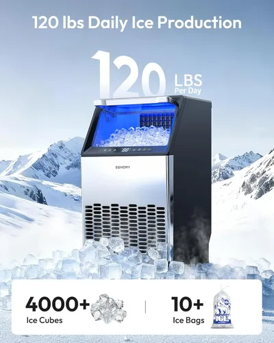 Miniatura 2 de EUHOMY Máquina comercial para hacer hielo, máquina de hielo de acero inoxidable de 120 libras/24 horas debajo del mostrador con contenedor