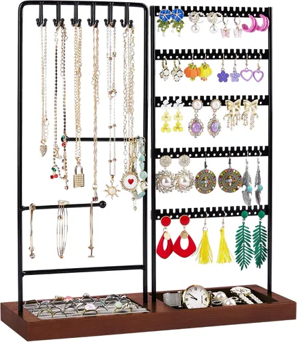 Vtopmart Soporte organizador de joyas para aretes, collares, anillos, pulseras, exhibición y almacenamiento, con 90 agujeros, 12 ganchos, negro +