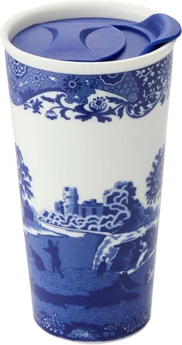 Miniatura 10 de Spode Taza de viaje de porcelana italiana azul de 8 onzas con tapa – Vaso con estampado escénico con borde decorativo – Taza de café de cerámica