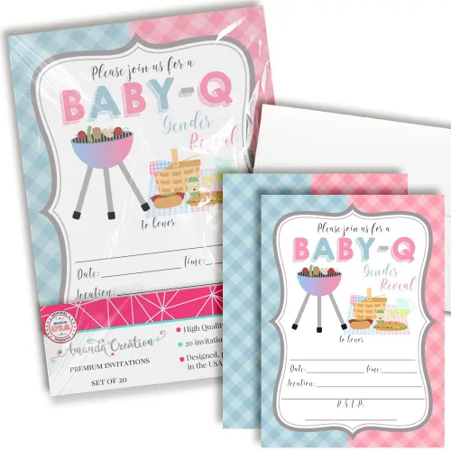 Baby-Q BBQ Gender Reveal Invitaciones – 20 tarjetas temáticas de parrilla y picnic de 5 x 7 pulgadas con sobres, invitaciones de baby shower de