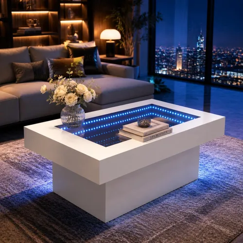 Miniatura 13 de FKWin Mesas de centro modernas negras – Mesa de centro cuadrada con espejo de profundidad infinita con luces LED, mesa negra para sala de estar