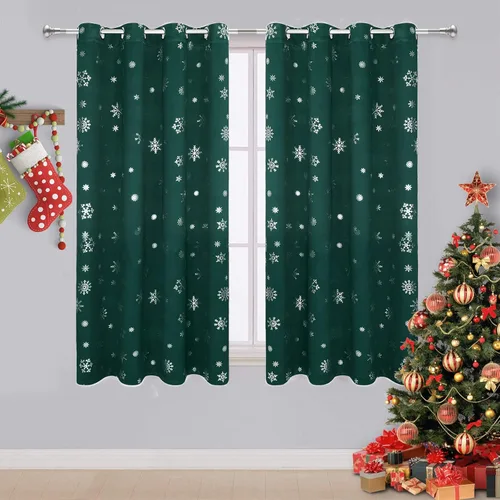 Miniatura 16 de FRAMICS Cortinas de Navidad con estampado de copos de nieve dorados en papel de aluminio, cortinas opacas con aislamiento térmico para sala de estar