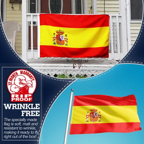 Miniatura 2 de Anley Bandera de España de 3 capas de doble cara a prueba de rasgaduras, 3 x 5 pies, cabecera de lona y resistente a las arrugas, las banderas