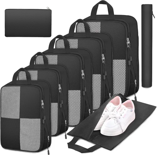 Juego de 8 cubos de compresión para equipaje de viaje, ligeros, expandibles, organizadores de maletas para equipaje de mano, Negro -
