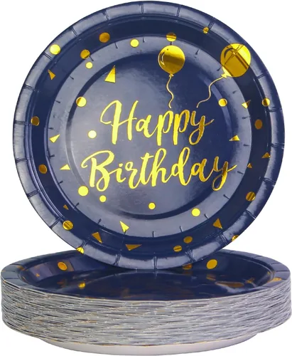 Miniatura 10 de Paquete de 50 platos de papel negros y dorados, 7 pulgadas, metálicos con lunares de papel de aluminio, desechables, platos de postre para fiestas