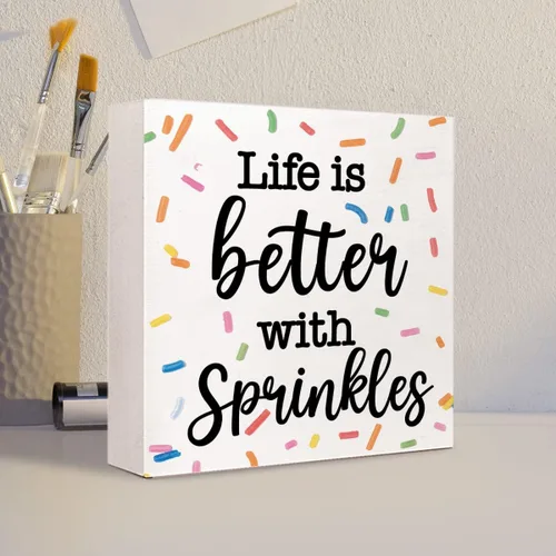 Miniatura 4 de Letrero de madera con texto en inglés "Life with Sprinkles", decoración de casa de muñecas, divertido letrero de madera para panadería, guardería