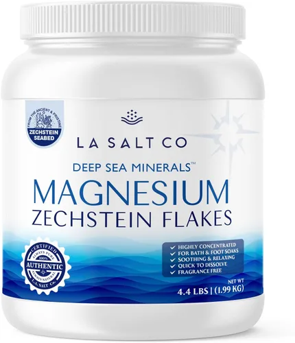 LA Salt CO Deep Sea Minerals Magnesium Bath Flakes – Tarro de 4.4 libras, Zechstein en el interior, alternativa de baño natural a la sal de Epsom |