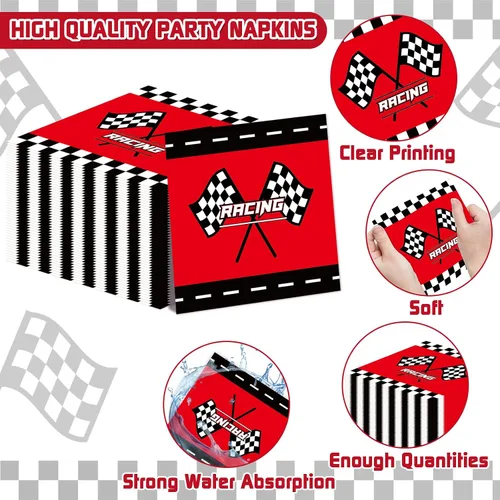 Miniatura 4 de 98 piezas de suministros de fiesta de coches de carreras rojos, servilletas, manteles de carreras, juego de vajilla de carreras con bandera a
