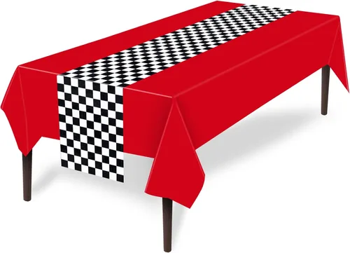 Miniatura 14 de Tallew Suministros de fiesta de automóvil a cuadros, mantel desechable de plástico para mesa de carreras en blanco y negro, camino de mesa