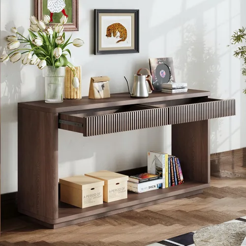 Miniatura 31 de 50" Modern Art Sculptural Console Table, Oval Cutout Legs, Wood Veneer, Thick Rounded Tabletop, Contemporary Entryway Sofa Table for Living Room