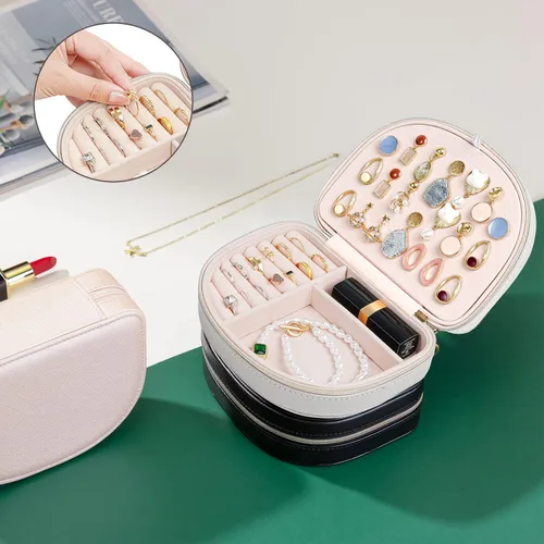 Miniatura 2 de ProCase Joyero de tamaño de viaje, pequeño estuche de joyería portátil en forma de concha, mini organizador de joyas de 2 capas en piel sintética