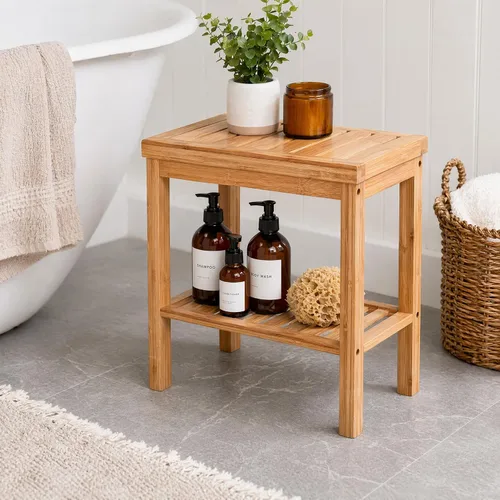 Miniatura 2 de SOUJOY Banco de ducha de bambú, taburete de asiento de baño, taburete de afeitado para reposapiés de spa, estante de almacenamiento para toalla