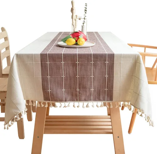 Miniatura 11 de Mantel rústico bordado con borla, lino de algodón sin arrugas, antidecoloración, lavable, a prueba de polvo, para comedor, cocina, fiesta, Azul