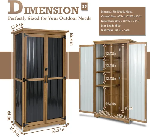 Miniatura 2 de Gabinete de almacenamiento al aire libre impermeable con estantes, pequeño cobertizo de almacenamiento, gabinete de almacenamiento vertical alto