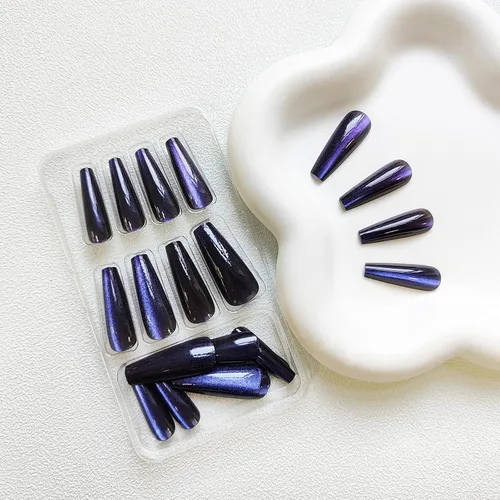 Miniatura 3 de Uñas postizas a presión largas, con brillo azul y diseño, acabado acrílico brillante, de cobertura completa, uñas postizas reutilizables para l002
