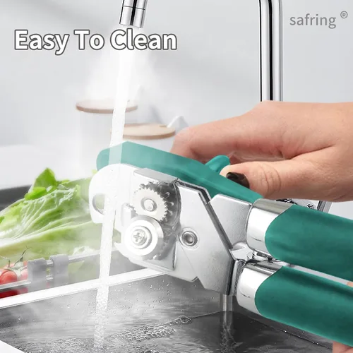 Miniatura 6 de Safring Abrelatas manual, de mano de acero inoxidable resistente y resistente, mango cómodo, borde liso de hoja afilada, abrelatas con abrebotellas