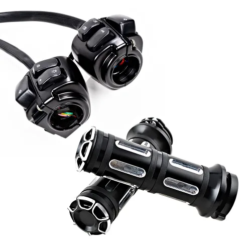 Juego compatible para 1 pulgada de manillar de Harley 96-12, interruptor de bocina, luces delanteras y señales de giro, empuñaduras y tapa de Negro