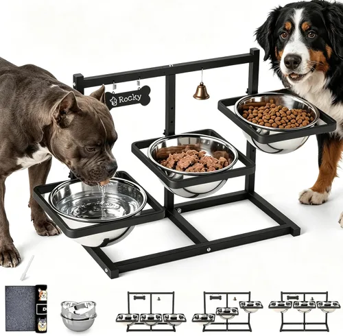 Miniatura 10 de Cuencos Elevados para Perros Grandes, Soporte Elevable Ajustable a 6 Alturas con Alfombrilla, Cuenco de Alimentación Lenta y Tres Cuencos de 1700ML