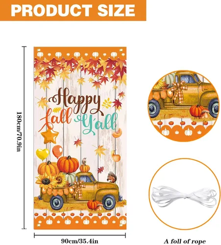 Miniatura 5 de SENSEVEN Cartel de puerta con texto en inglés "Happy Fall Y'all", cartel grande de bienvenida para el porche de Acción de Gracias, decoración