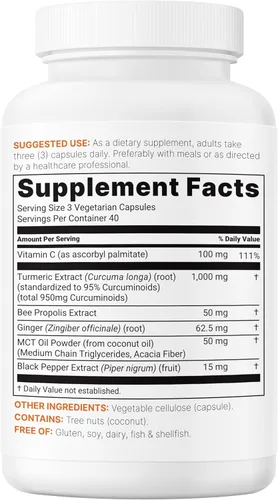 Miniatura 8 de Suplemento de Cúrcuma Curcumina Pura 1,000mg 95% Curcuminoides 120 Cápsulas Vegetarianas con Propóleo de Abeja, Jengibre, Aceite MCT, Vitamina C