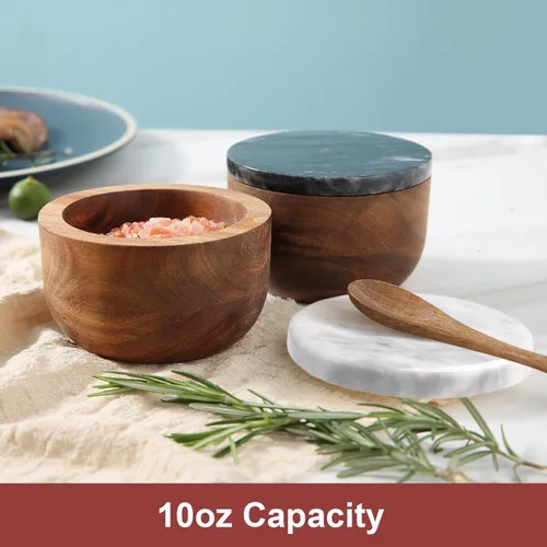 Miniatura 3 de jalz jalz Salero Grande de Madera de Acacia con Tapa de Mármol - Caja de Sal Pesada de 10oz con Cuchara - Contenedor de Especias de Madera Maciza
