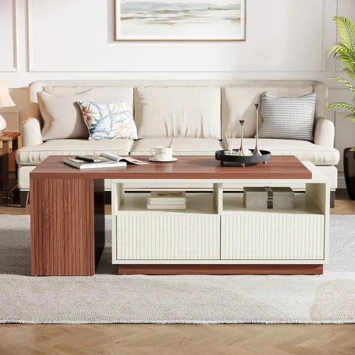 Miniatura 6 de Tribesigns Mesa auxiliar extensible con 2 cajones de almacenamiento, mesa reversible para sala de estar con estantes y parte superior ajustable