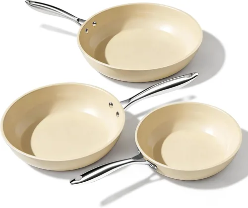 UUKRAVE Juego de sartenes de cerámica antiadherente, sartén de cerámica para cocinar, saludable y no tóxico, sin PFAS/PTFE/PFOA, compatible con Crema