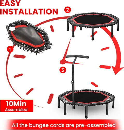 Miniatura 3 de Trampolín de rebote octogonal de 50 pulgadas para adultos, rebote de fitness con cuerdas elásticas silenciosas, barra de mango ajustable en T