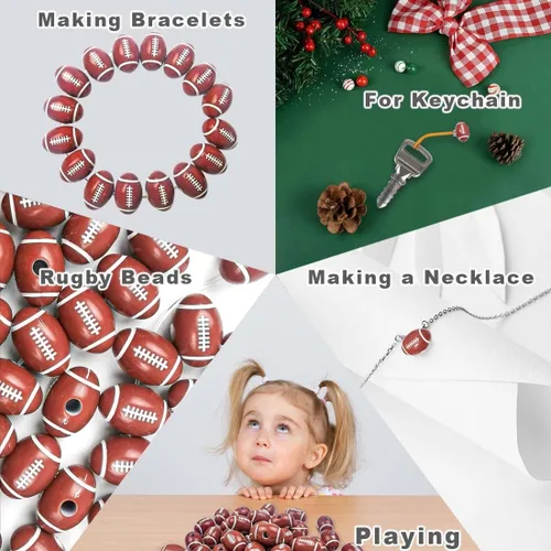 Miniatura 6 de 150 cuentas deportivas de fútbol americano para fabricación de joyas, cuentas deportivas y manualidades con 2 cordones elásticos de cristal, 2