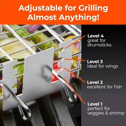 Miniatura 2 de Cesta de parrilla ajustable con mango extraíble – 4 niveles de altura para verduras, carne, pescado y más – Cesta de barbacoa con tapa de bloqueo